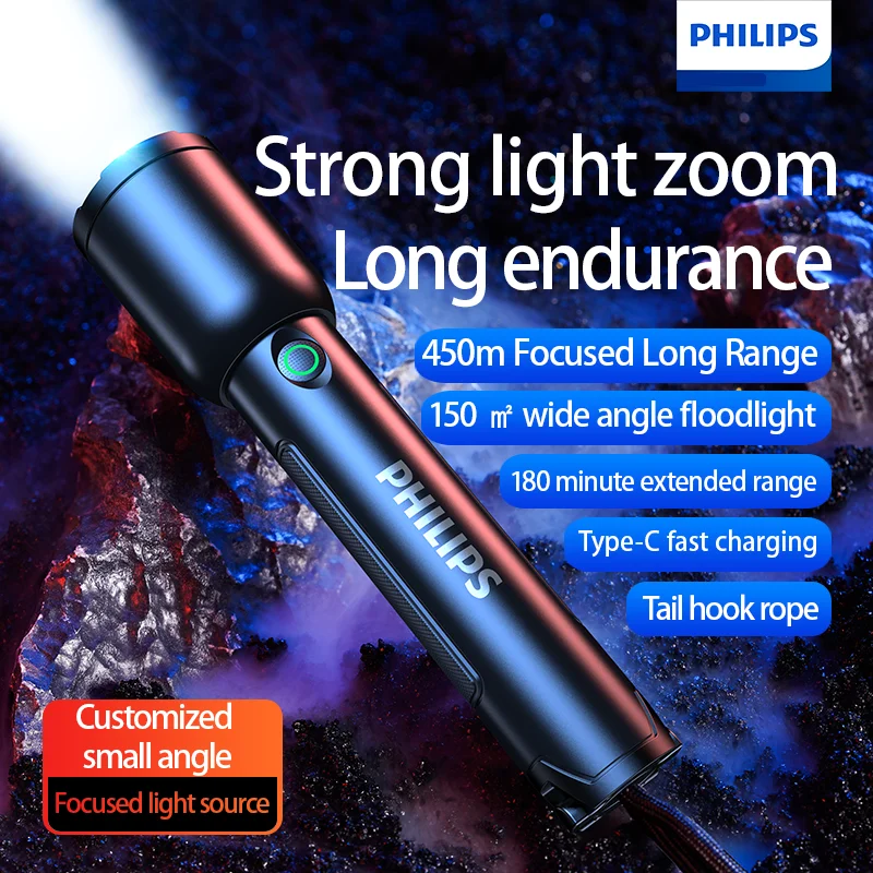 Philips 2023New Led Torcia Campeggio Lanterna Fishing Zoom 450M A Lungo Raggio Sos Autodifesa