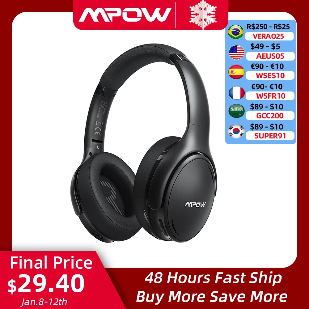 Mpow H19 T4 Bluetooth 5.0 Cuffie Con Cancellazione Attiva Del Rumore Cuffie Wireless Leggere Cvc 8.0 Mic 30 Ore Riproduzione Ricarica Rapida