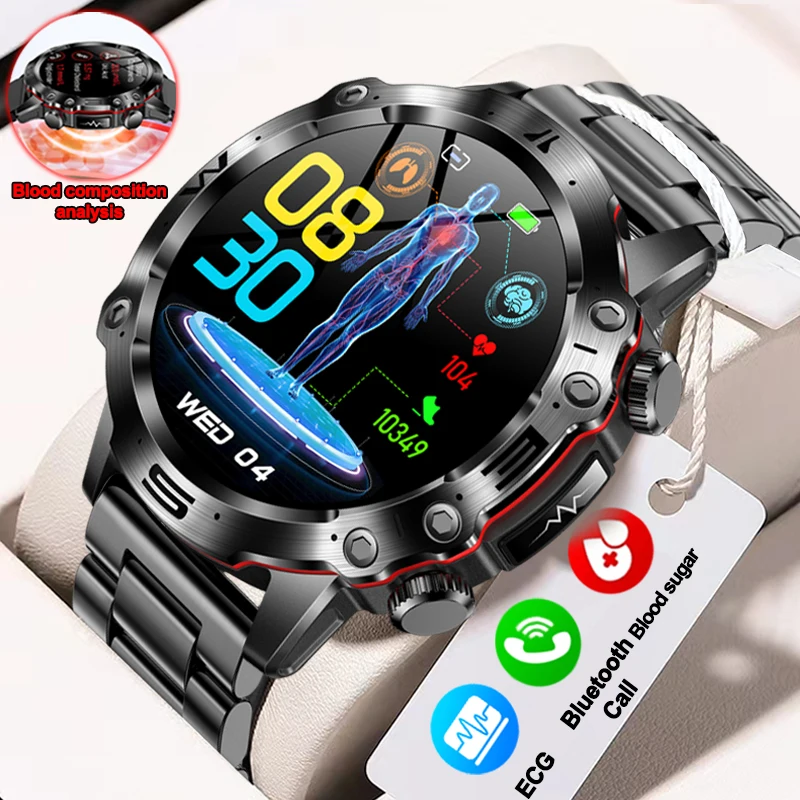 Nuovo Ecg + Ppg Medical Grade Laser Pulse Therapy Smartwatch Blood Glucosio Men Amoled Full Touch Screen Sport Fitness Smart Watch