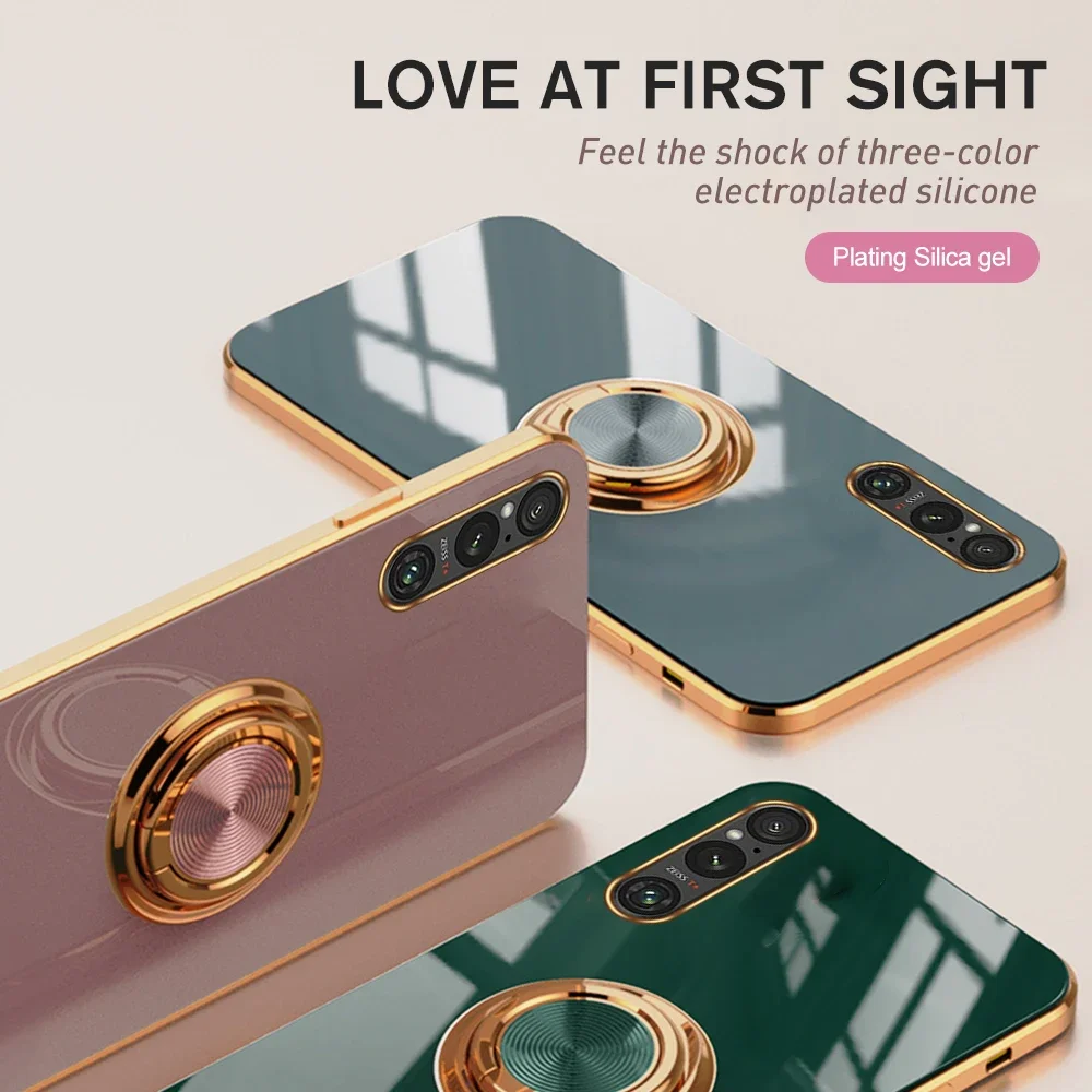 Placcatura Gold Frame Tpu Soft Cover Per Sony Xperia 1 V 5G Case Xperia1V Xperia 1 V Xperia1 V 5G Magnet Holder Ring Protect Fundas