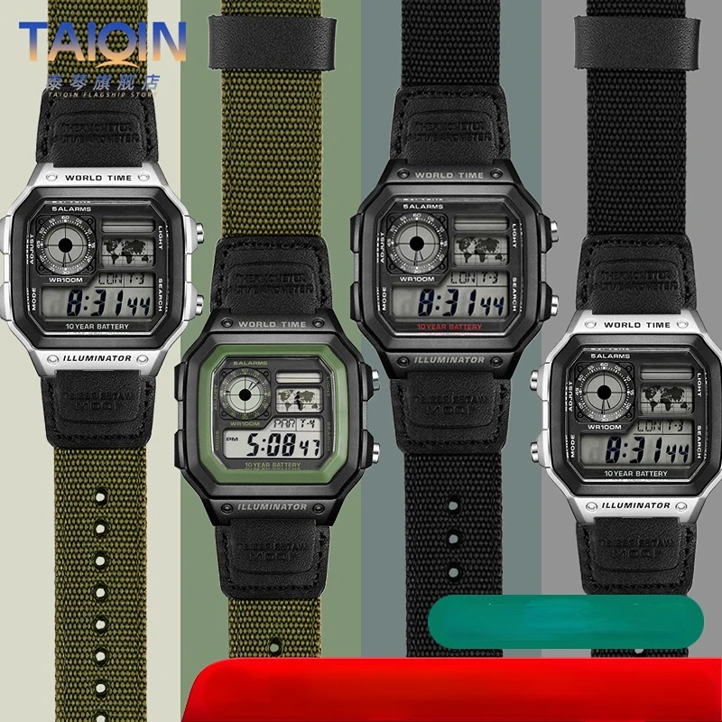 Cinturino In Nylon Per Casio A1200 Ae1300 A158 A159 W-216H A158 F91W Aq230/ 700 Piccolo Blocco D'Argento Quadrato 18Mm Cinturino Da Uomo Verde Militar