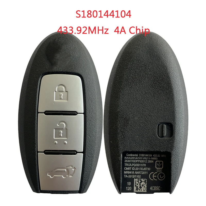 Txk027061 Per Nissan Smart Remote Key 3 Buton 433.92Mhz 4A Chip Continental S180144104
