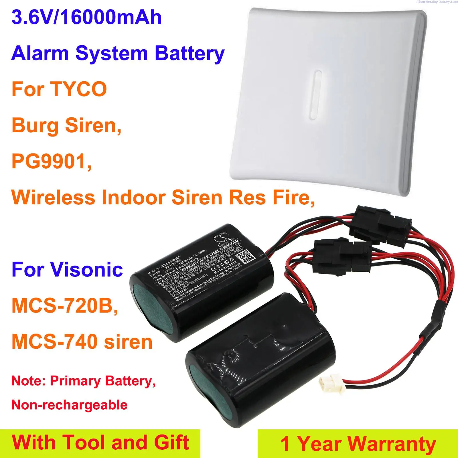 Cs 16000Mah Sistema Di Allarme Batteria Per Visonic Mcs-720B, Mcs-740 Sirena, Per Tyco Burg Sirena, Pg9901, Sirena Interna Wireless Res Fire