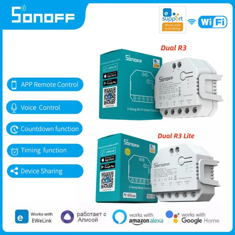 Sonoff Dual R3/Lite Wifi Smart Switch 2Gang Relay Power Metering Wireless App Control Breaker Funziona Con Alexa Google Home Alice