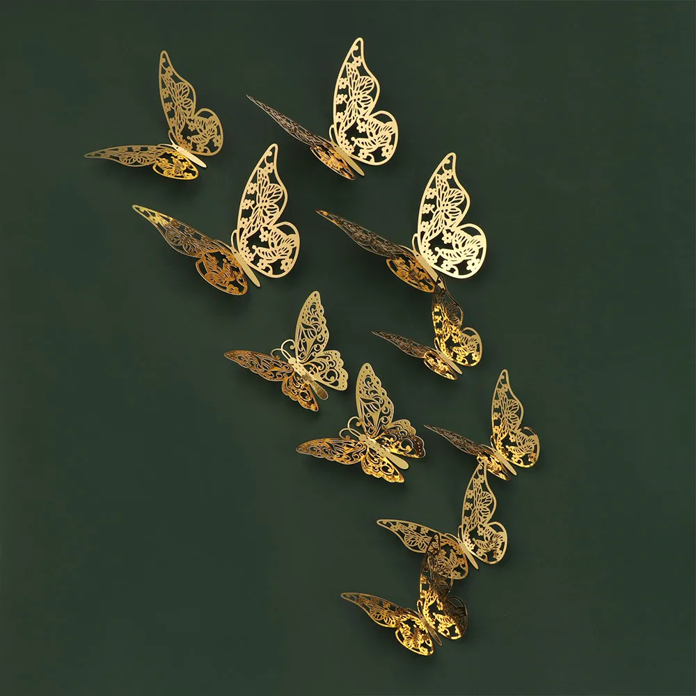 12 Pz/Pacco Fai Da Te Ornamento Di Nozze Forniture Per Feste Adesivi Murali A Farfalla Oro Argento Oro Rosa Mariposas Decalcomanie 3D Hollow