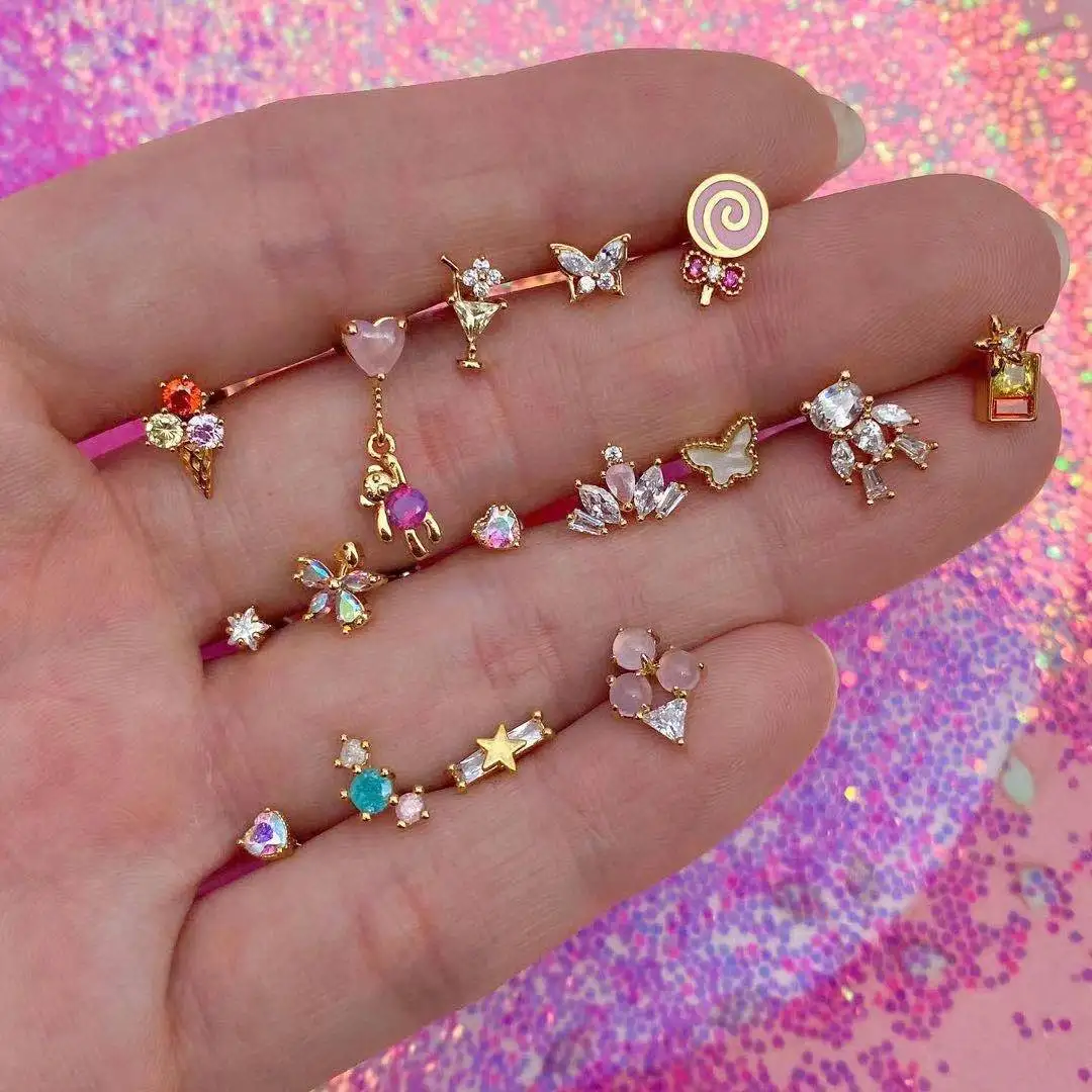 Pendientes De Estrella Con Forma De Corazon De Mariposa De Helado De Bebida De Verano De Circonio De