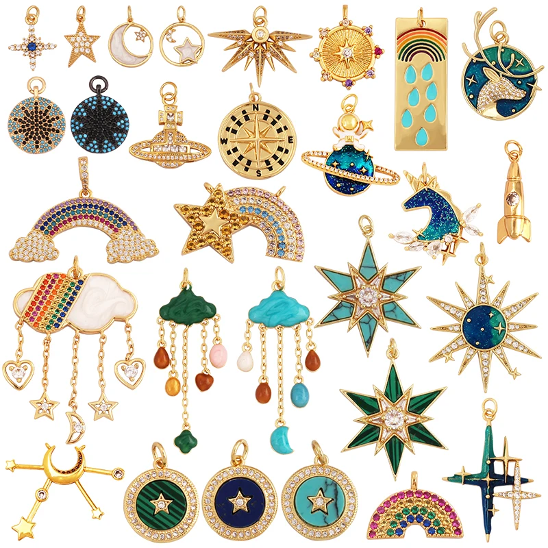 New Trendy Shining Space Sun Moon Star Charm Pendant,18K Gold Intarsiato Cubic Zirconia Jewelry Collana Bracciale Che Fa Forniture