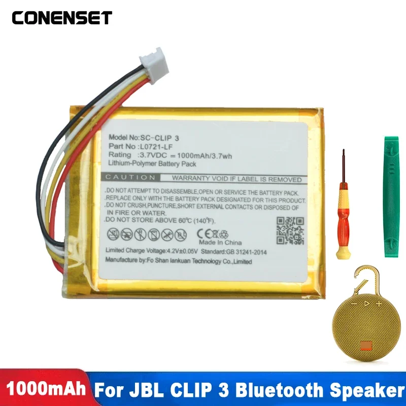 Batteria Di Ricambio 3.7V 1000Mah L0721-Lf Per Jbl Clip 3 Clip3 Clip 3An Clip 3Sand Bluetooth Speaker Free Tools