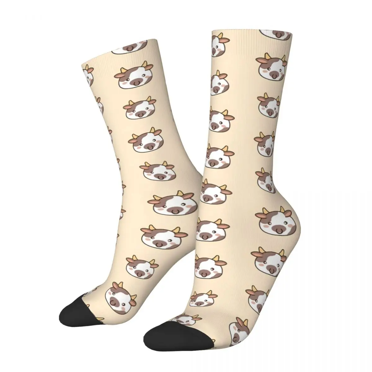 Creamy Yellow Cartoon Cow Head Cute Cow Cartoon Socks Uomo Donna Calze Invernali Stampate