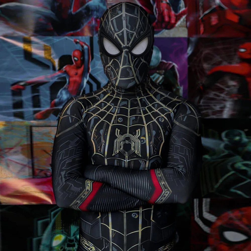 No Way Home Spiderman Costume Cosplay Black & Gold Spiderman Spandex Superhero Zentai Body Spidey Halloween Costume Adult Kids