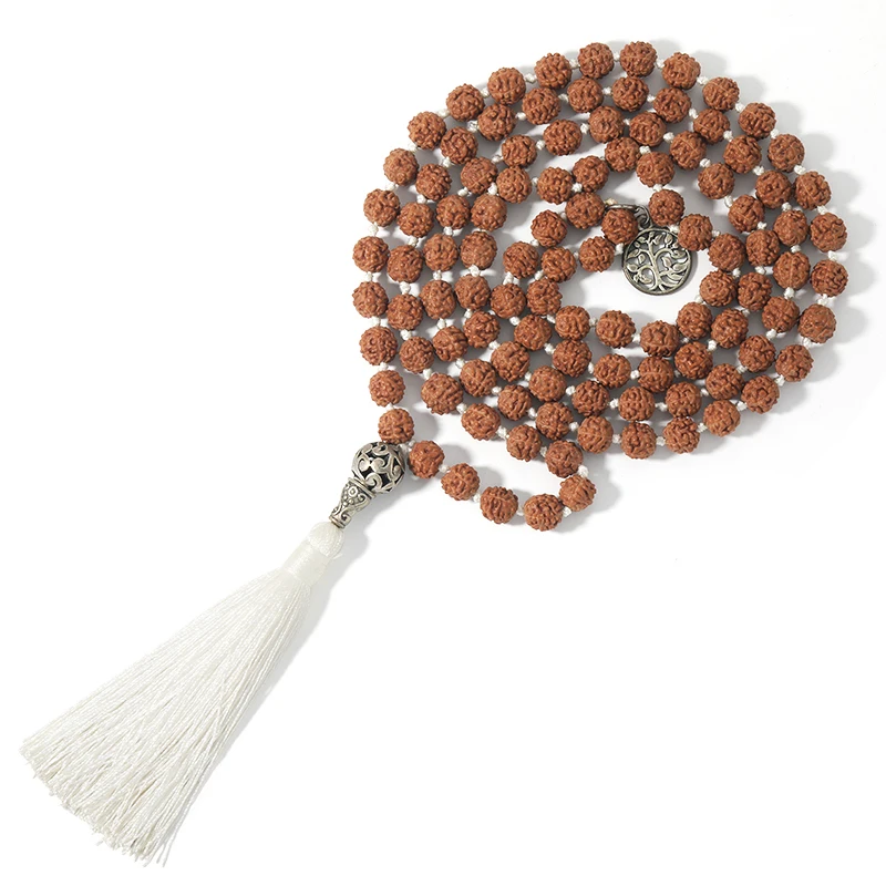 108 Mala Bodhi Seed Rudraksha In Rilievo Annodato Albero Della Vita Ciondolo Meditazione Yoga Benedizione Gioielli Fortunati Collana Lunga Nappa