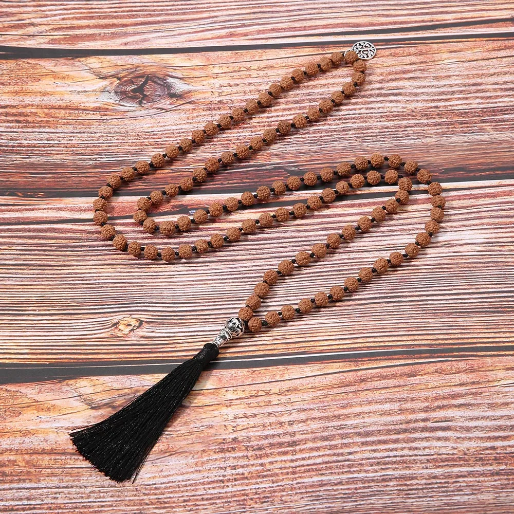 108 Mala Beads Rudraksha Gem Stones Meditazione Yoga Gioielli Annodati Japamala Rosario Collana Con Nappa Con Ciondolo Albero Della Vita