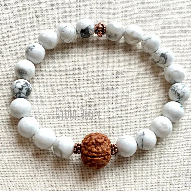 Wmb44253 Bracciale Mala Da Polso Rudraksha Howlite Con Pietre Preziose Naturali Kette Bianca Regalo Yoga