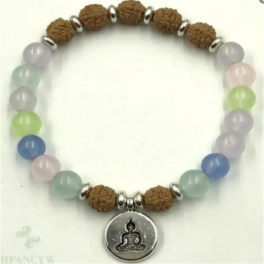 8Mm Rudraksha 7 Colors Agate Gemstone Mala Bracelet Energy Lucky Spirituality Yoga 7.5Inches Monk Cuff Gemstone Bead Handmade