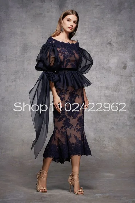 Blu Navy Tea-Lunghezza Madre Della Sposa Abiti Fata Mezza Manica Organza Pizzo Applique Sukienka Dla Mamy Panny Mlodej