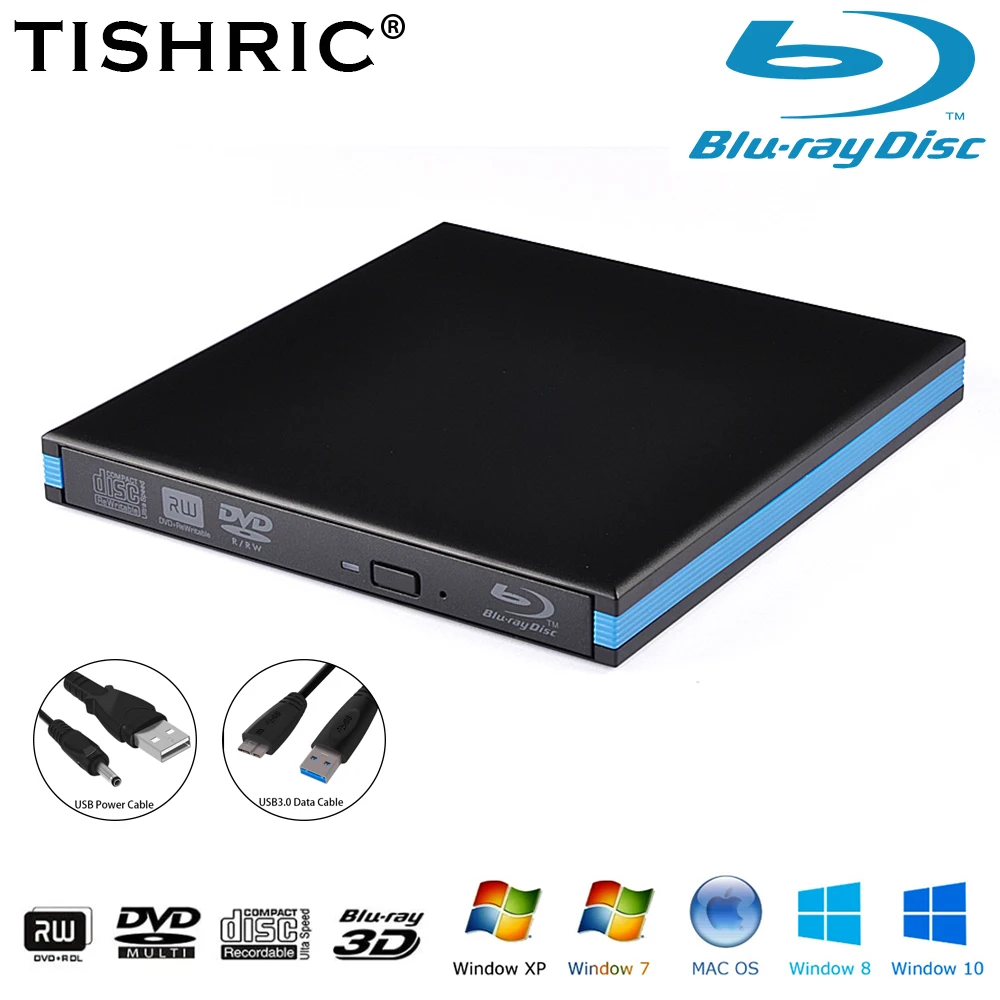 Tishric External Bluray Drive Writer Reader Lettore Masterizzatore Blu-Ray Usb 3.0 Cd Dvd Per Windows Macbook Laptop Desktop