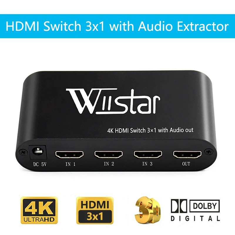Wiistar Hdmi Switch 4K 3 In 1 Out Optical 3.5Mm Audio Out Supprot Ac3/Dts/Dolby Decoder Hdmi Audio Extractor