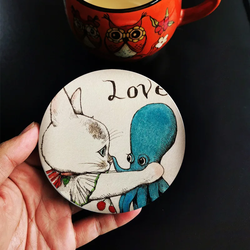 Yuko Higuchi Cute Kitty Coaster Decorato A Mano Cat Animal Cup Mat Round Ceramic Cork Assorbente Pad Desk Decor Stile Giapponese