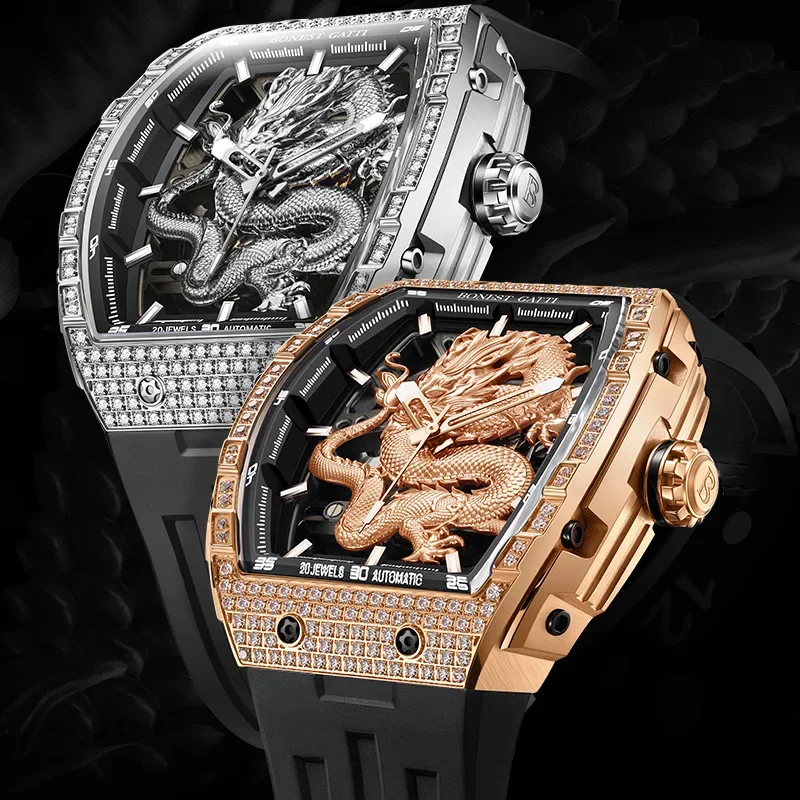 Bugatti Nuovissimo Orologio Da Uomo Con Personalità Dragon Watch Relief Diamond Temperament Wine Barrel Fashion Orologio Meccanico