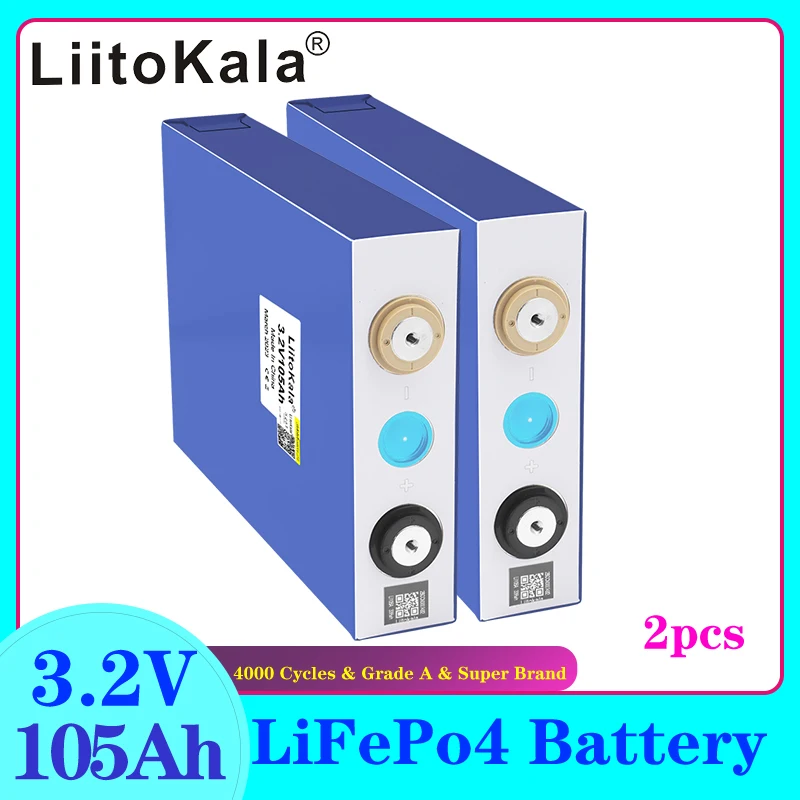 2 Pz Liitokala Lifepo4 3.2V 105Ah Batteria Ricaricabile Lunga Durata Della Barca Alimentatore Esterno 12V 24V 48V 100Ah Solare