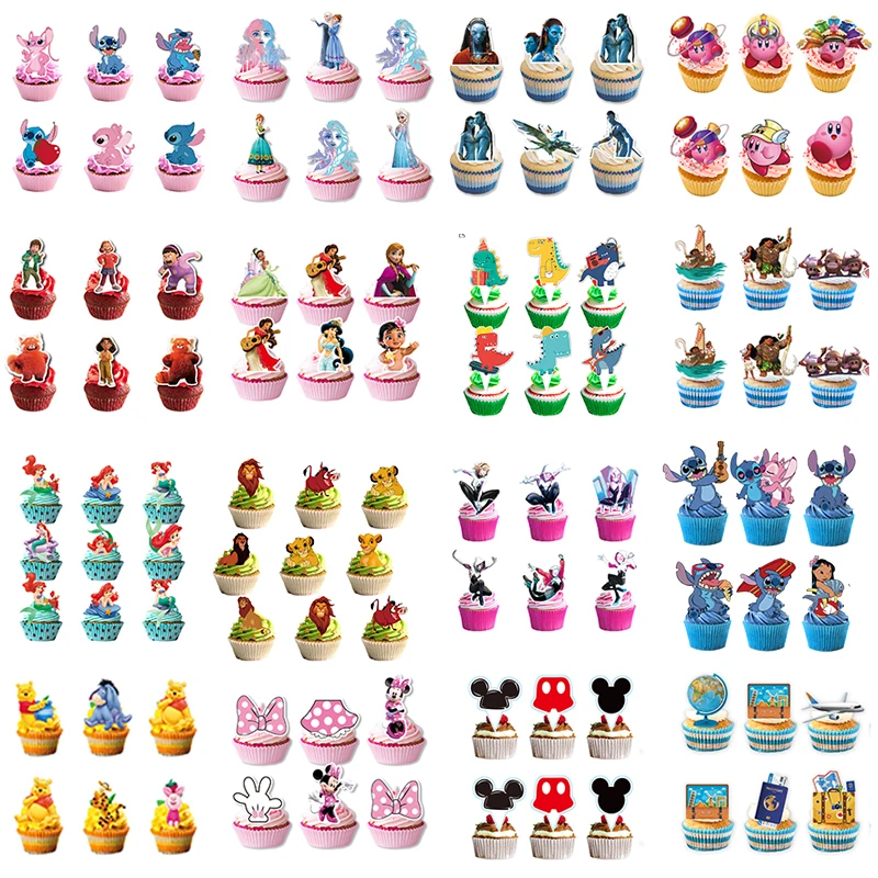 24Pcs Disney Princess Encanto Mickey Minnie Mouse Cake Topper Cartoon Cake Flag Decor Baby Shower Anniversaire Cup Cake Supplies