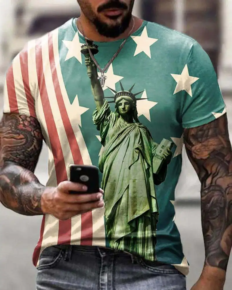 Trendyol Men Statue Of Liberty Print Maglietta A Maniche Corte Uomo Summer New Mens Maglietta Vintage Oversize Per Uomo Poleras De Hombre