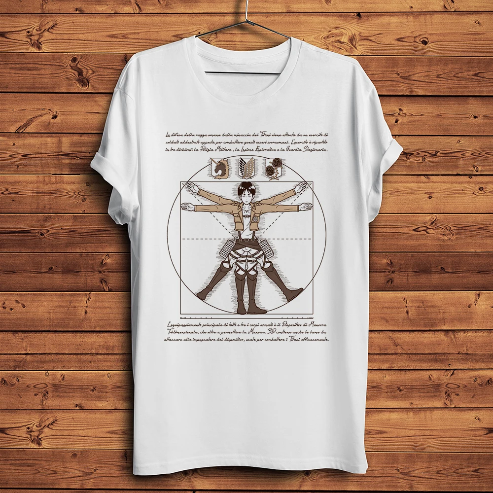 Da Vinci Uomo Vitruviano Eren Jaeger Funny Anime T Shirt Uomo Bianco Corto Casual Tshirt Unisex Aot Manga Streetwear Tee Homme
