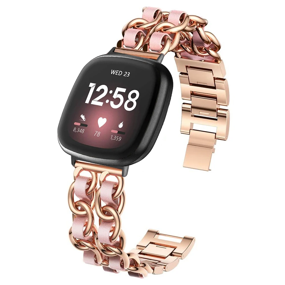 Jewelry Link Bracelet For Fitbit Versa 3 Band Metal With Leather Strap For Fitbit Sense Watch Bands Women Men Versa3 Correa