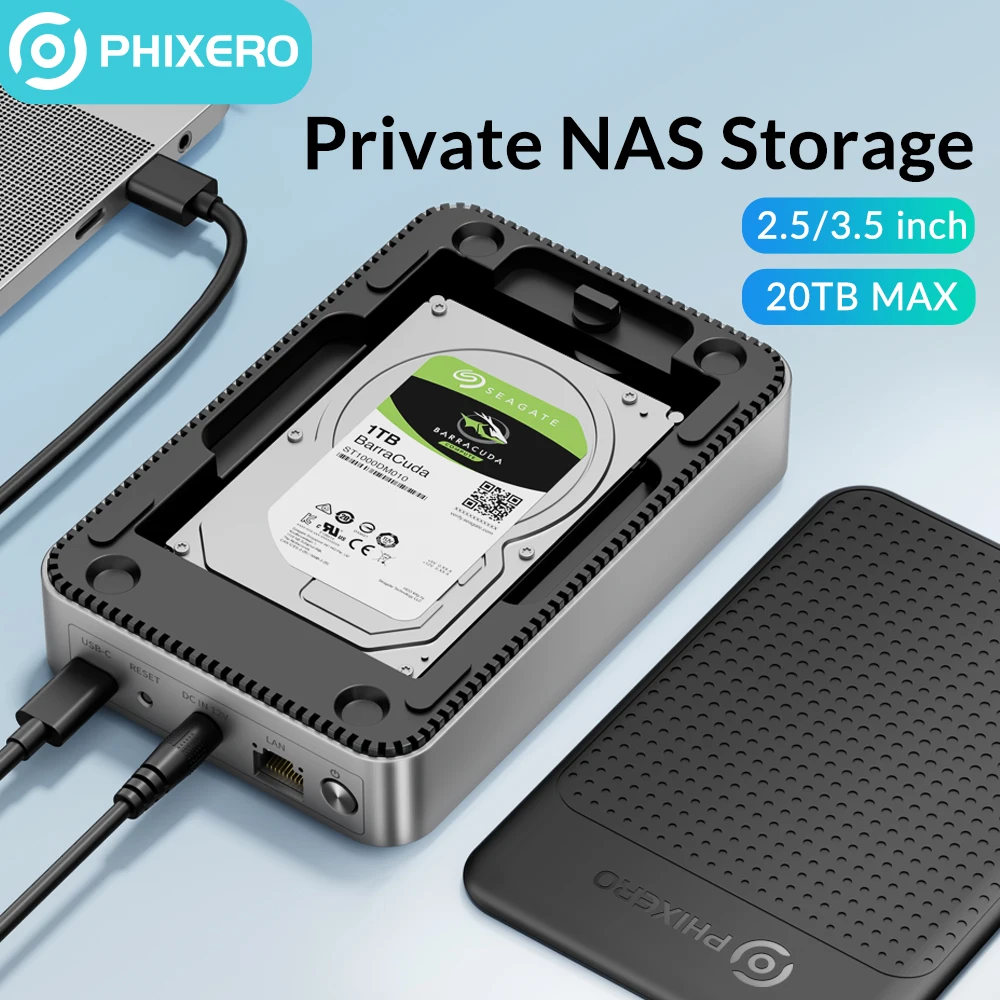 Phixero 3.5 "Sata Private Nas Storage Hdd/Ssd Hard Drive Enclosure Network Box Con Backup Automatico Accesso Remoto Cloud Server