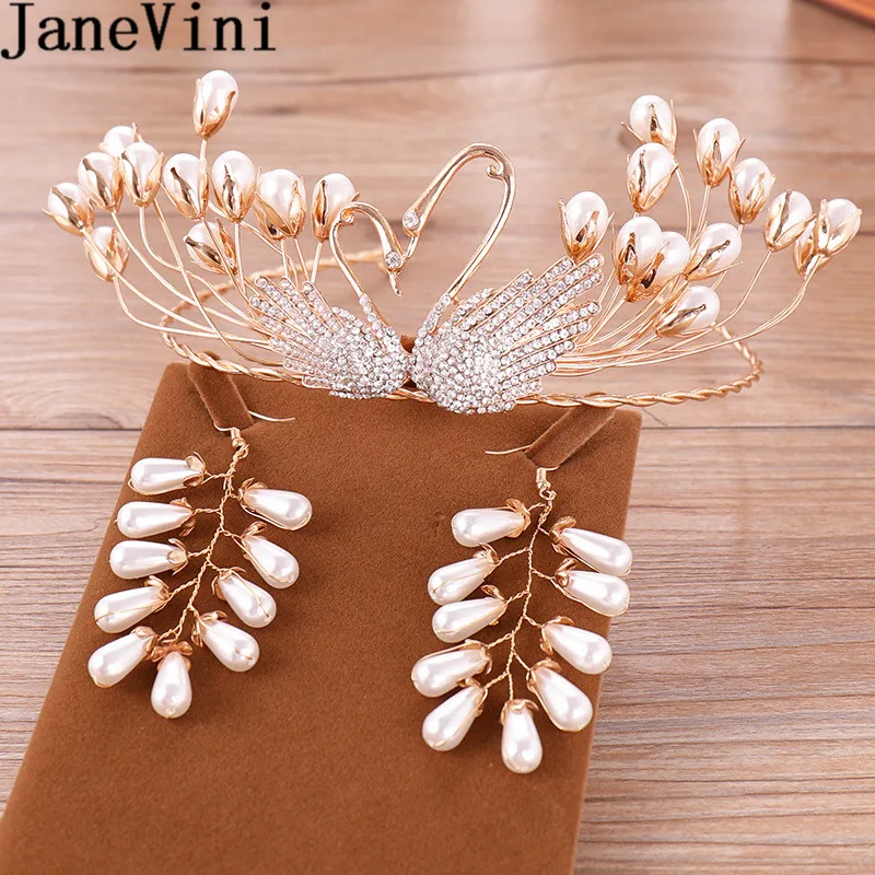 Janevini Luxury Gold Swan Wedding Bridal Tiara Novia Orecchini Di Perle Set Sposa Fascia Hairwear Party Princess Crown Jewelry