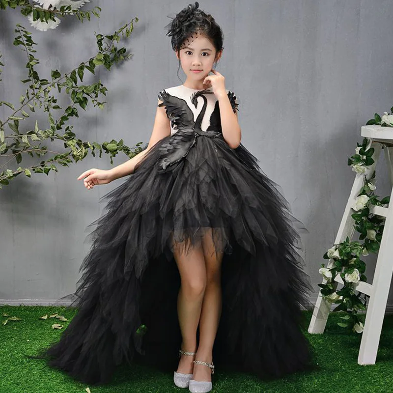 Swan Crystal Tulle Trailing Flower Girl Dresses Ball Gown Kids Pageant Dress Birthday Party High-End Feather Princess Dresses