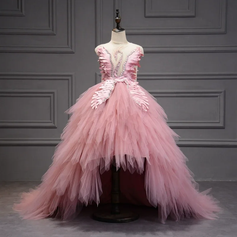 Elegante Cigno Cristallo Tulle Trailing Flower Girl Dress Abito Da Sera Bambini Pageant Dress Festa Di Compleanno Feather Lace Princess Dress