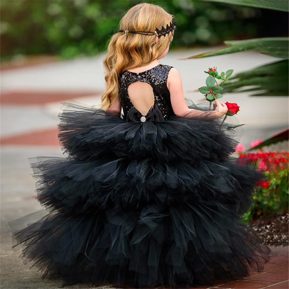 Regalo Di Compleanno A Sorpresa Per Bambini Cigno Nero Fluffy Layered Flower Girl Dress Princess Ball Beauty Pageant Prima Comunione