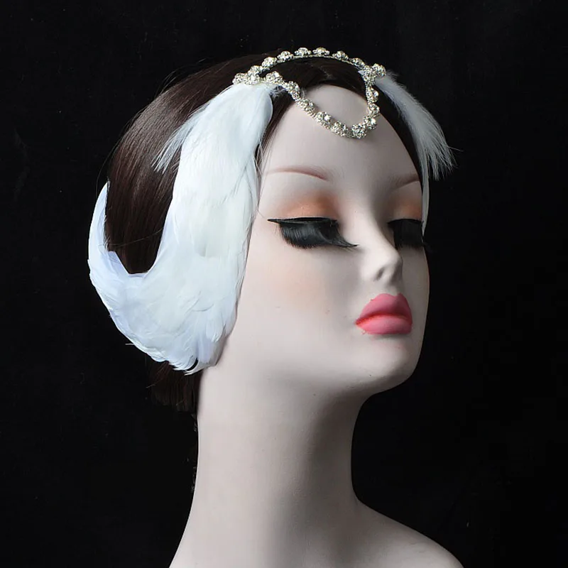 Ballet Headwear Swan Lake White Black Hair Feather Headband With Crystal Rhinestone Princess Headdress Ballerina Headpiece