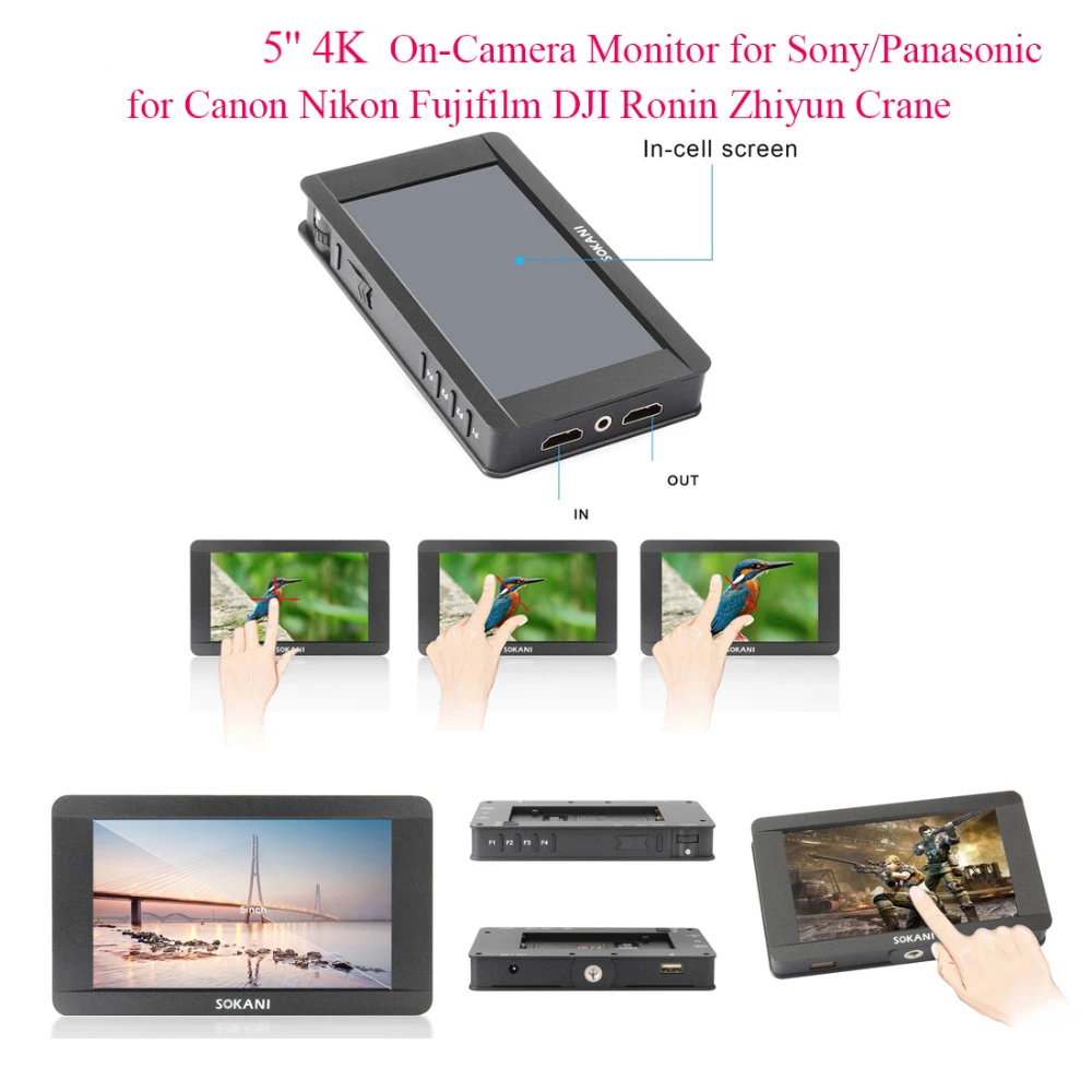 Sokani Sk-5 5 ''4K Supporto Segnale Monitor Lcd Sulla Fotocamera Per Sony Panasonic Canon Nikon Fujifilm Dji Ronin Zhiyun Crane