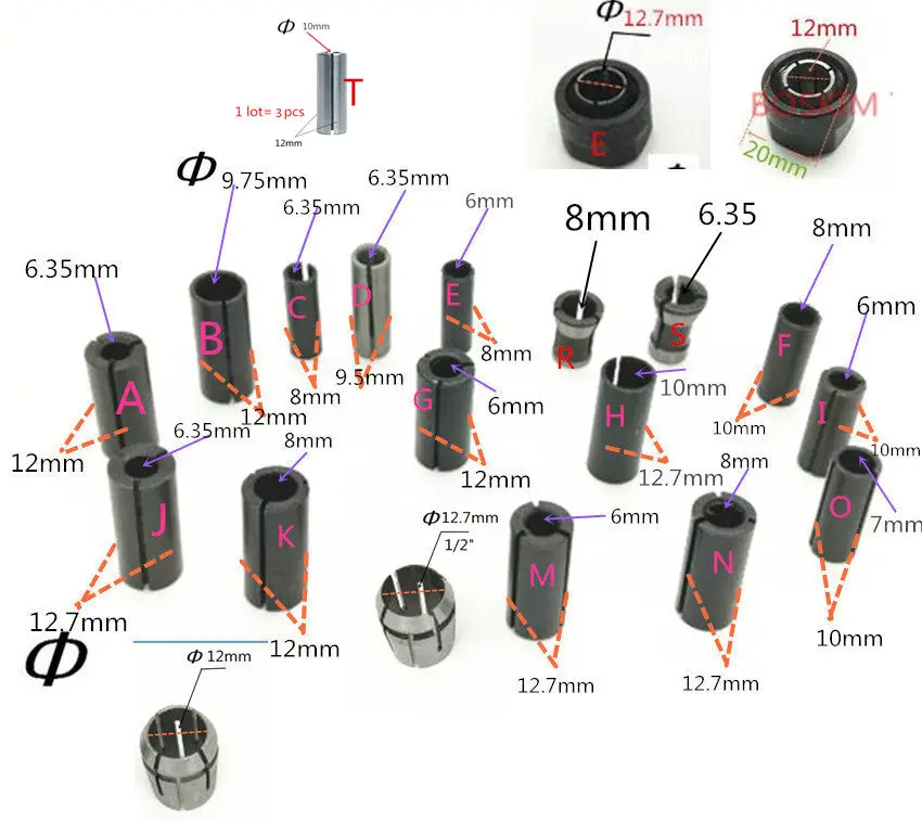 Adattatore Gambo Router Di Cnc Strumento Collet Cono 1/2 "1/4" 3/8 "Morsetto Di 6 Millimetri 6.35 Millimetri 8 Millimetri 12 Millimetri Per Makita Bos