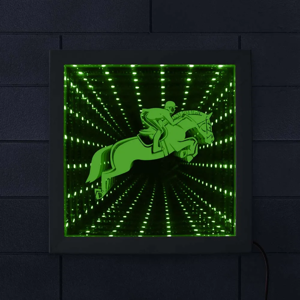 Lampada Da Tunnel Per Corse Di Cavalli 3D Infinity Mirror Light Equestre Silhouette Wall Table Frame Animated Home Decor