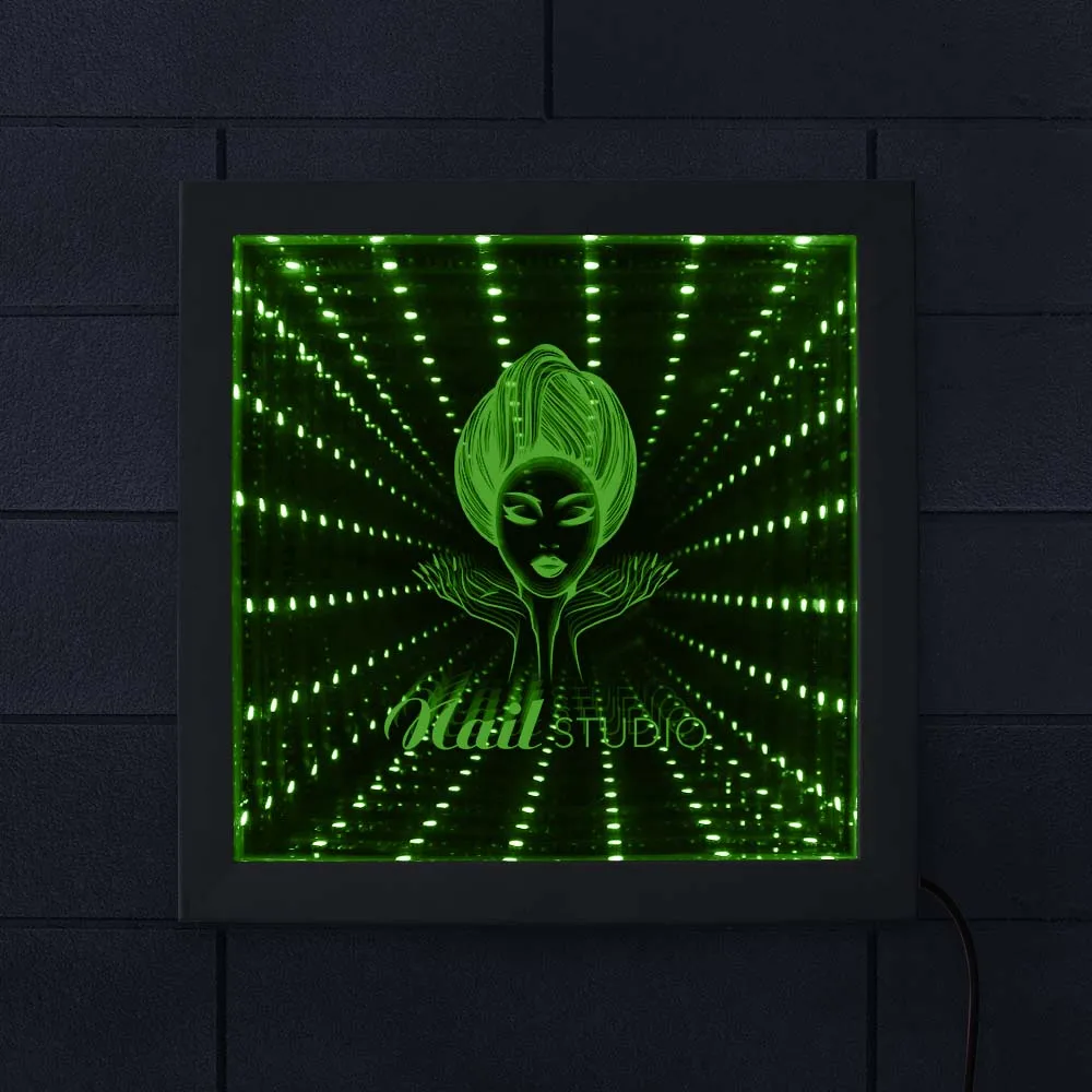 Manicure Shop Polish Led Tunnel Infinity Mirror Beauty Studio Nail Salon Creative Night Light Lamp Table Wood Frame