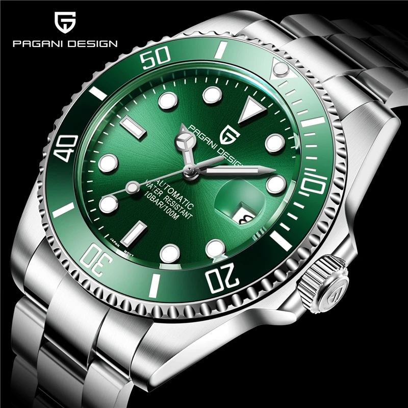 Orologio Analogico Meccanico Automatico Vetro Zaffiro Da Uomo Pagani Design Con Bracciale In Acciaio Pd-1639 43Mm Verde Grande Faccia