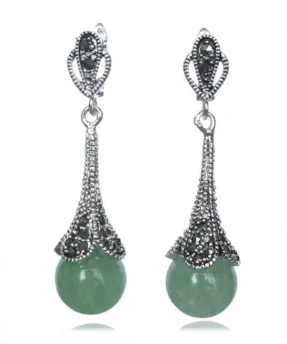 Rare 925 Sterling Silver Verde Naturale Perline Di Pietra Marcasite Orecchini 14/5"