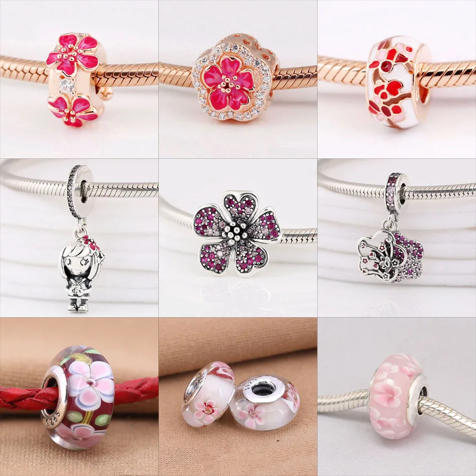 Peach Flowers Blossom Charm Fit Women Bracciale Bangle Gioielli Fai Da Te S925 Sterling Silver Girl Full Bloom Bead Lady Gift