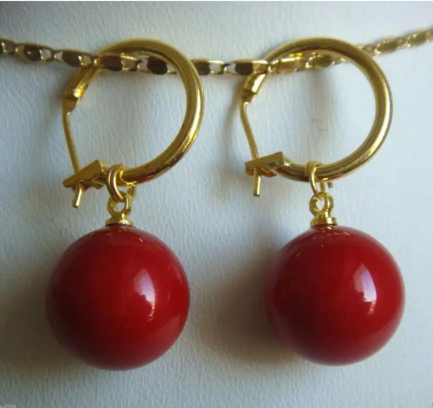 Orecchini 14 Gp Con Perle Di Conchiglia Di Tahiti Rosso Corallo Di Tahiti Da 14Mm Aaa +