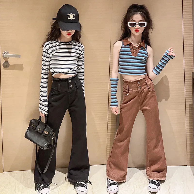 Costumi Per Bambini 2023 New Spring Striped T-Shirt Jeans Svasati Vestiti Per Ragazze Set Moda Casual Teen Kids Outfit 13 14 Anni