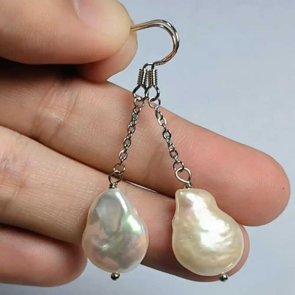 14-16Mm Orecchini Pendenti Con Perle Bianche Barocche Naturali 14K Capodanno San Valentino Coltivato Ringraziamento Fortunato Natale