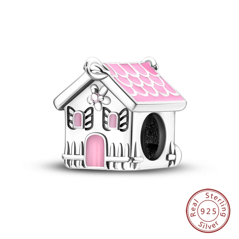 925 Sterling Silver Pink Sweet Cabin Charms Beads Fit Pandora 925 Bracciali Originali Gioielli Fai Da Te