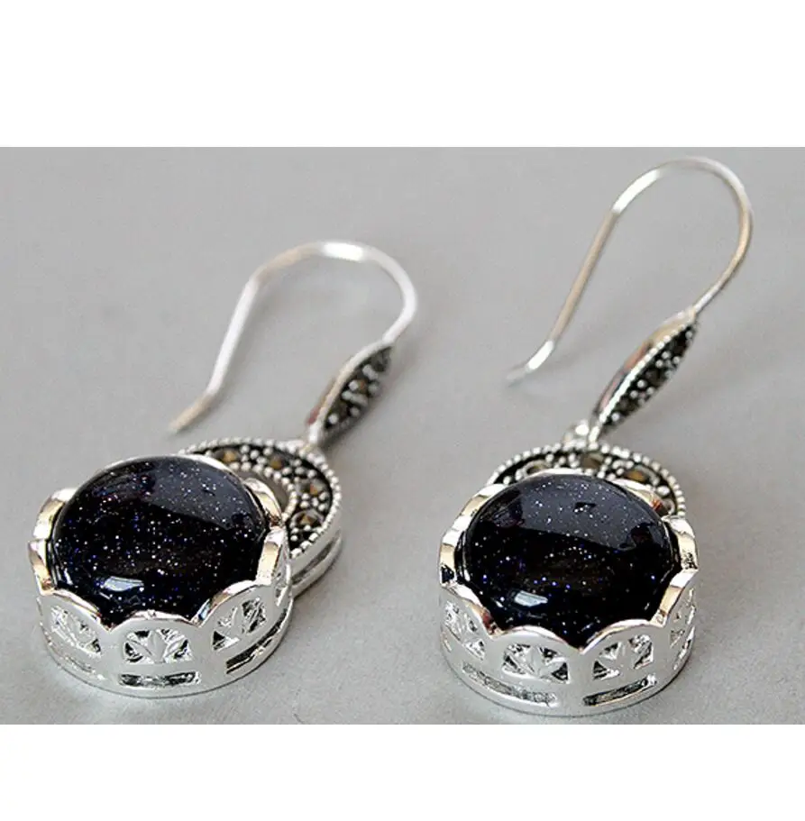 Vendita Calda Di Fascino 925 Sterling Silver Blu Giada Sabbia Marcasite Orecchini 14/5"