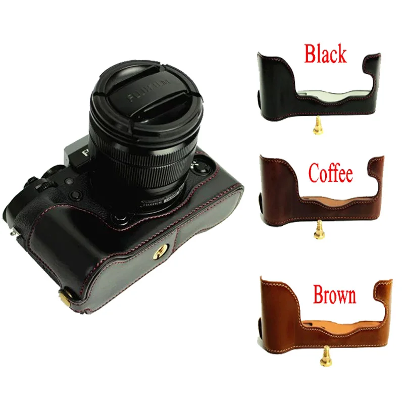 Pu Fondo In Cuoio Borsa Fotografica Mezza Custodia Per Finepix Fuji Fujifilm Xt1 Xt-Camera Caffè Nero Marrone Di Alta Qualità