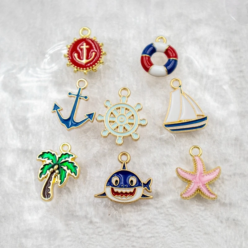 10Pcs Ocean Style Fashion Alloy Ciondolo Shark Anchor Sailing Lifeboa Charm Ciondola Collana Fai Da Te Orecchino Braccialetto Accessori X33