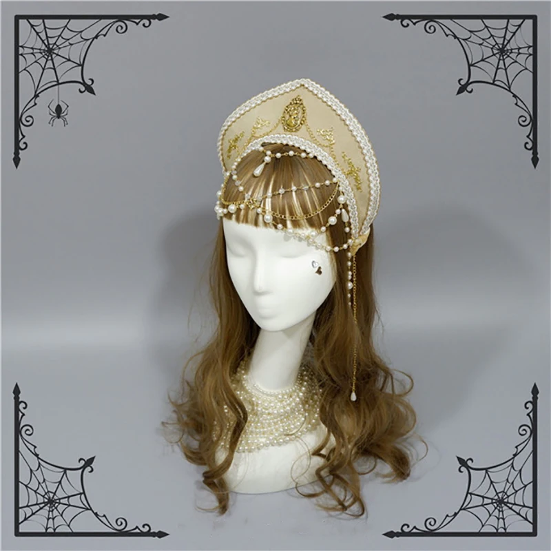 Lolita Girl Gothic Beads Chain Tudor Crown Hood Coronet Headpiece Elisabettiano Renaissance Goddess Royal French Tiara Headband