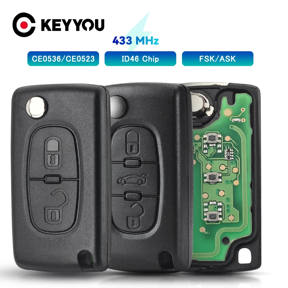 Keyyou Per Peugeot 307 3008 308 408 433Mhz Id46 7941 Ce0536 Ce0523 Flip Key 2 Pulsanti Va2/Hu83 Blade Car Key Fob Ask Fsk